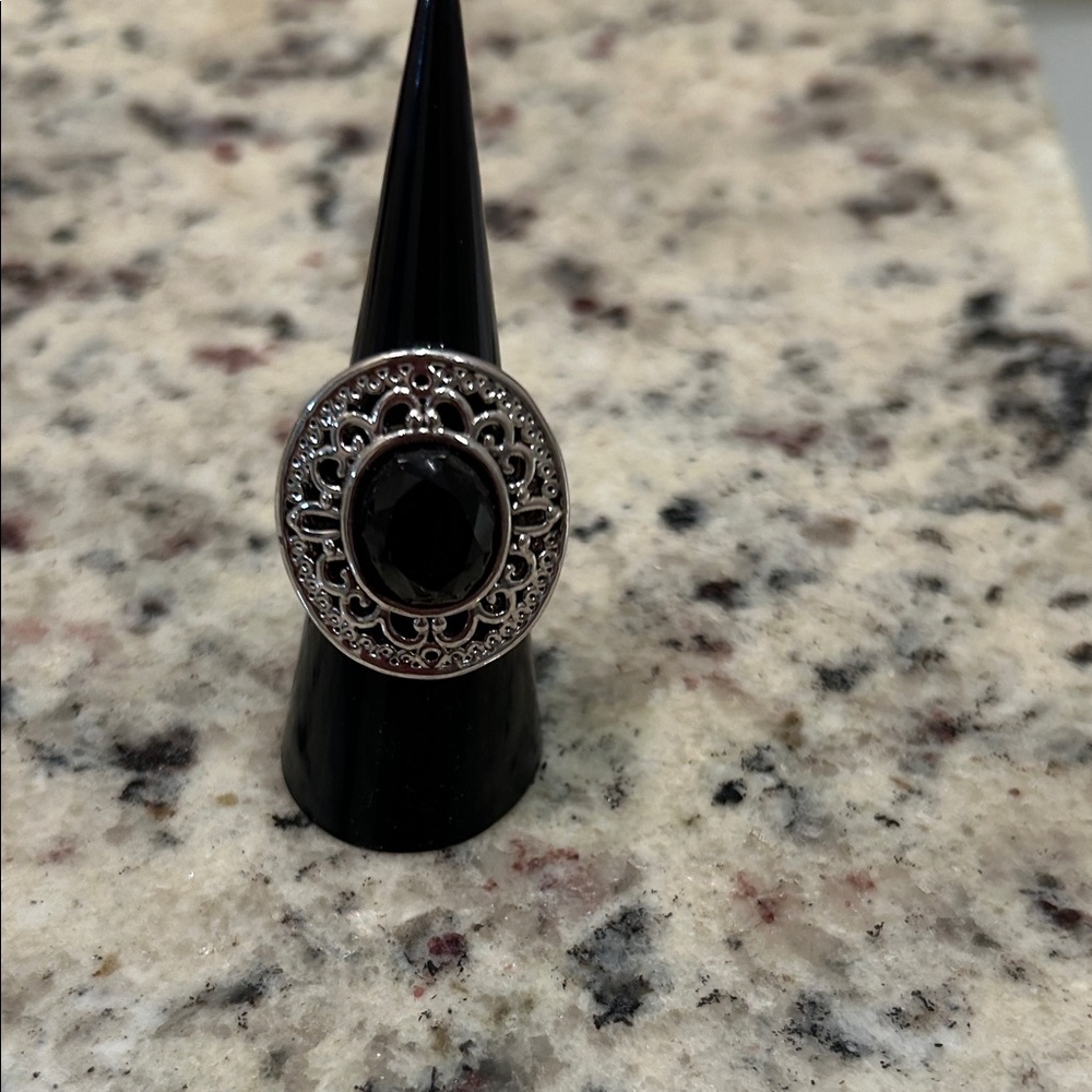 Lia Sophia Ornate Silver Ring with Black Gem